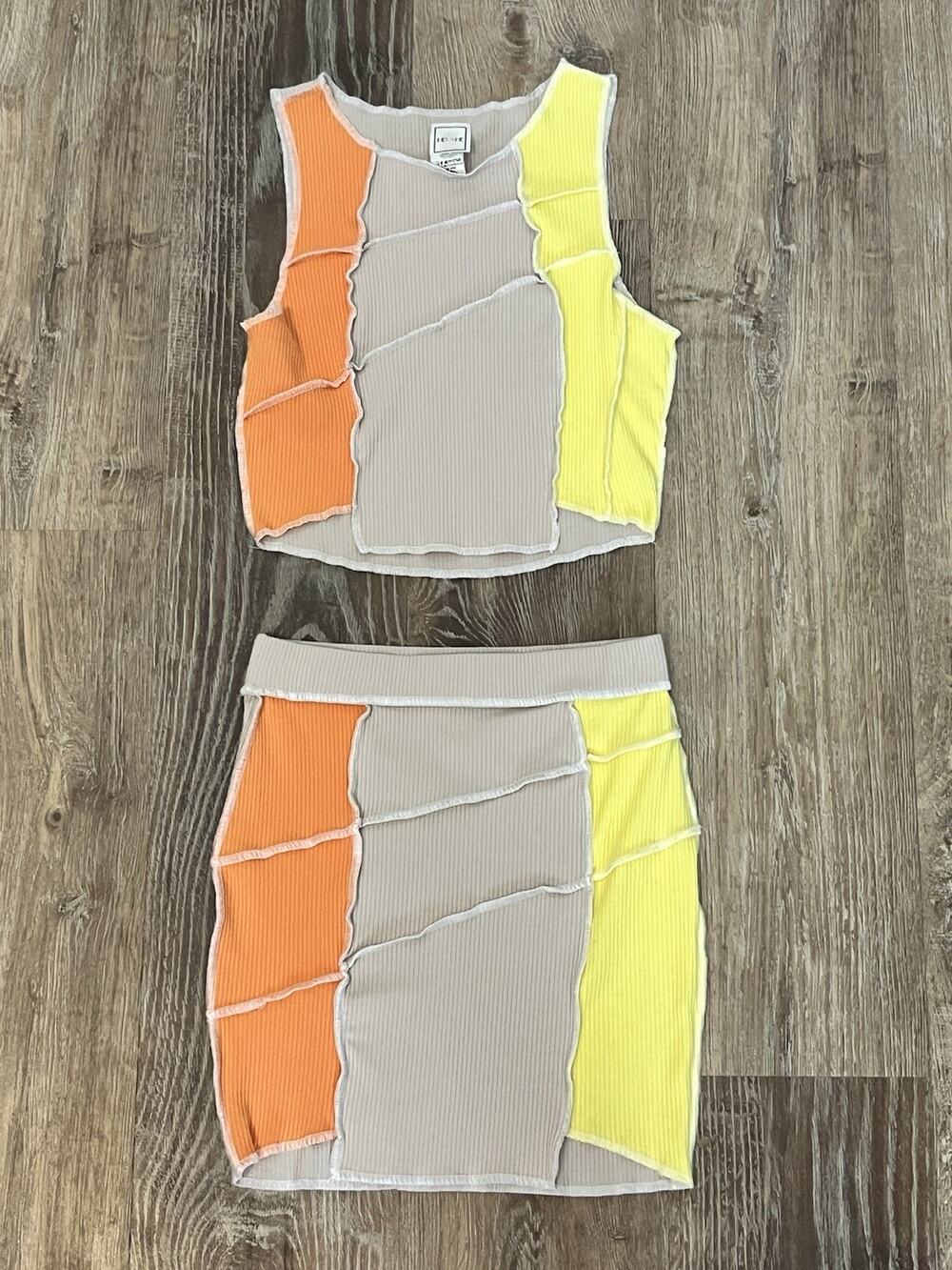 HER SHE Womens 2 Piece Skirt Set Small Color Block Ribbed Crop Top Neon Outfit
